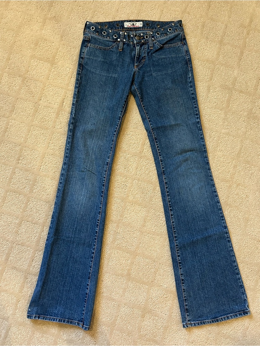 Dark Blue Flare Jeans with Grommet Waist Detail